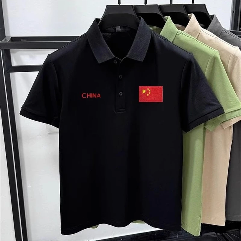 夏季国潮红旗POLO衫男士国旗刺绣工作服高端运动旅游团建翻领短袖