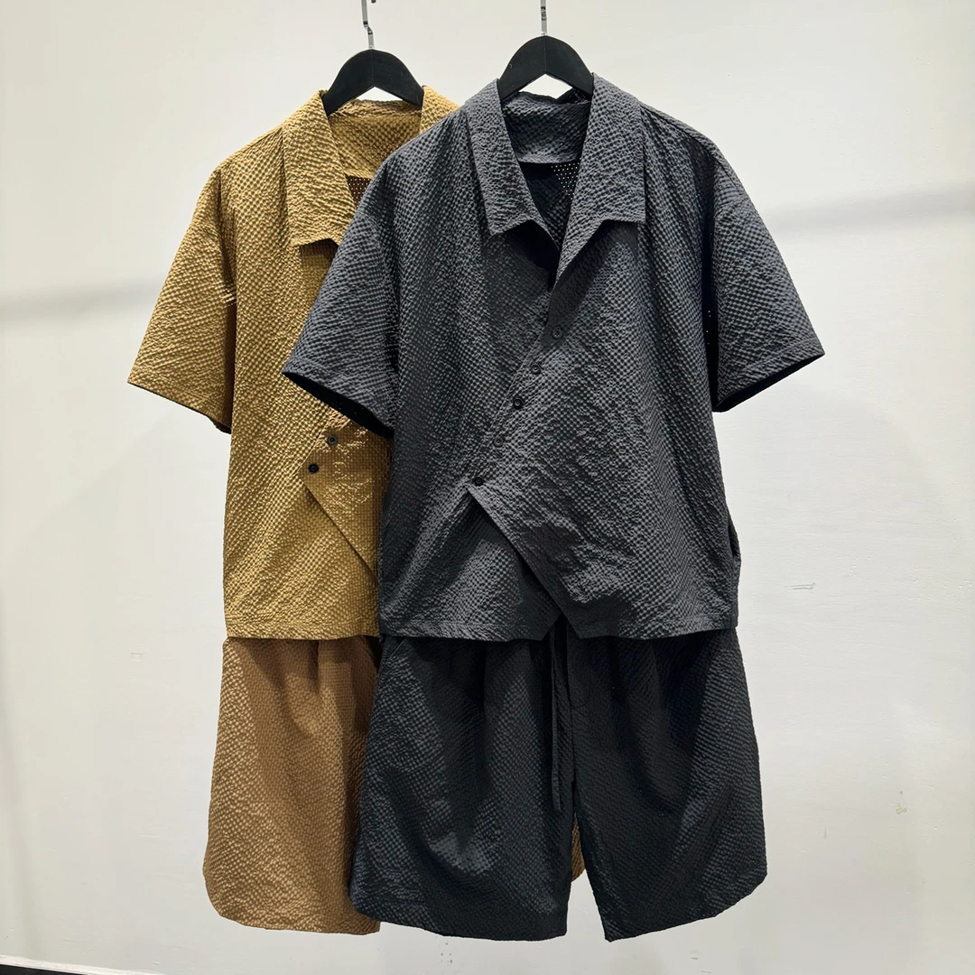 夏季个性潮流不规则设计感两件套男士镂空舒适透气宽松休闲衬衫