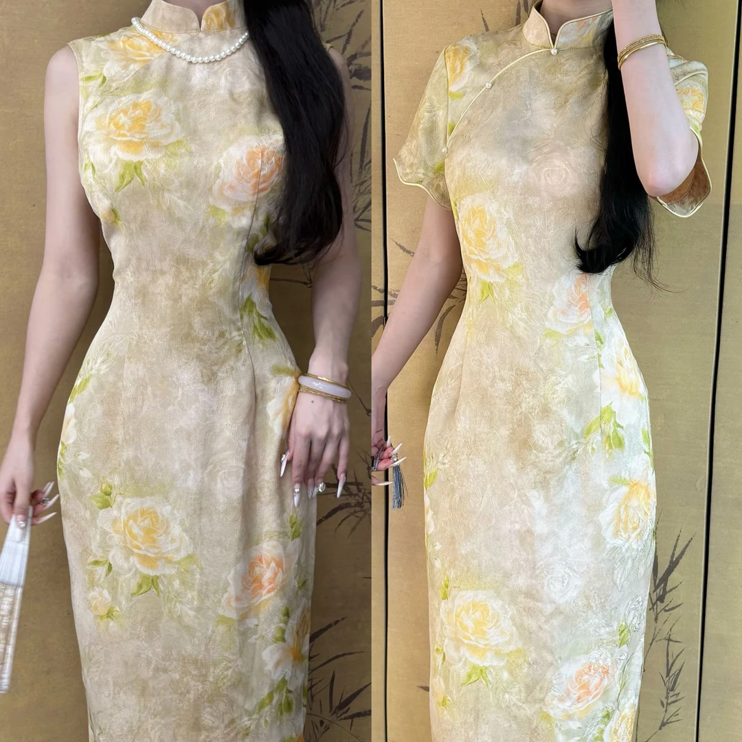 LHMknk1画报夫人新中式缎面萝孔无袖港工旗袍 平替芍药花不退不换
