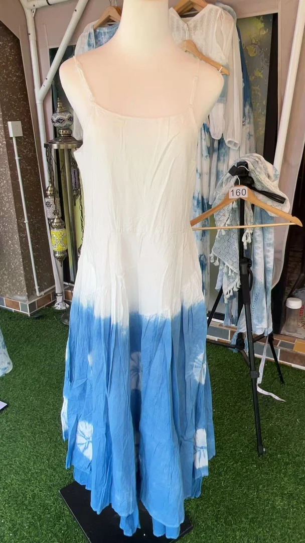 赵丽颖同款小个子款扎染吊带蓝色长款大摆连衣裙海边度假风
