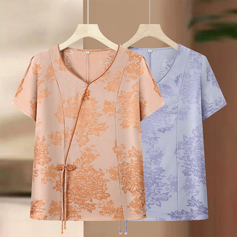 夏季妈妈装加肥加大码复古上衣服中老年女装中国风短袖T恤套装750