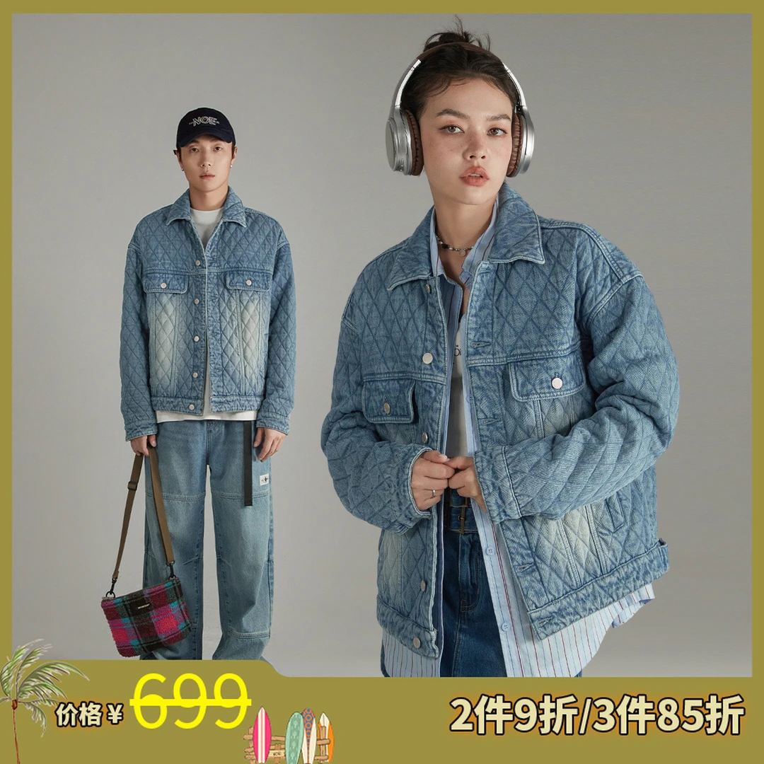 NO ONE ELSE美式复古女装热力复古冬季水洗绗缝翻领宽松牛仔棉服