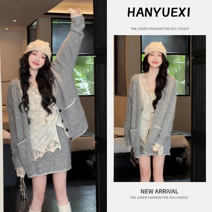 秋季流行穿搭一整套女2025新款韩系针织毛衣外套长袖短裙三件套潮