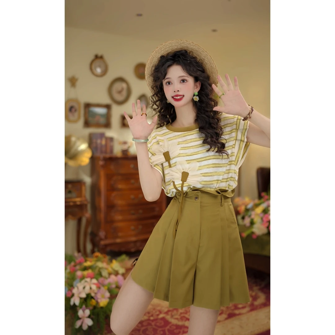 扣子家【琉璃糖心】港风复古条纹圆领T恤女宽松休闲上衣KK0725496