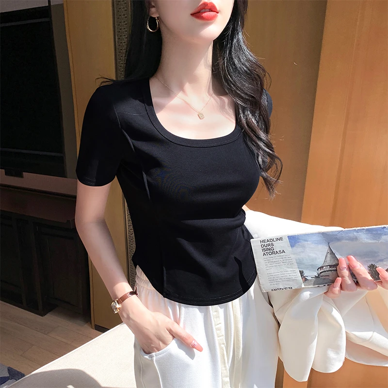 黑色短袖T恤女2025春夏修身方领正肩显瘦收腰鱼骨低领打底上衣棉