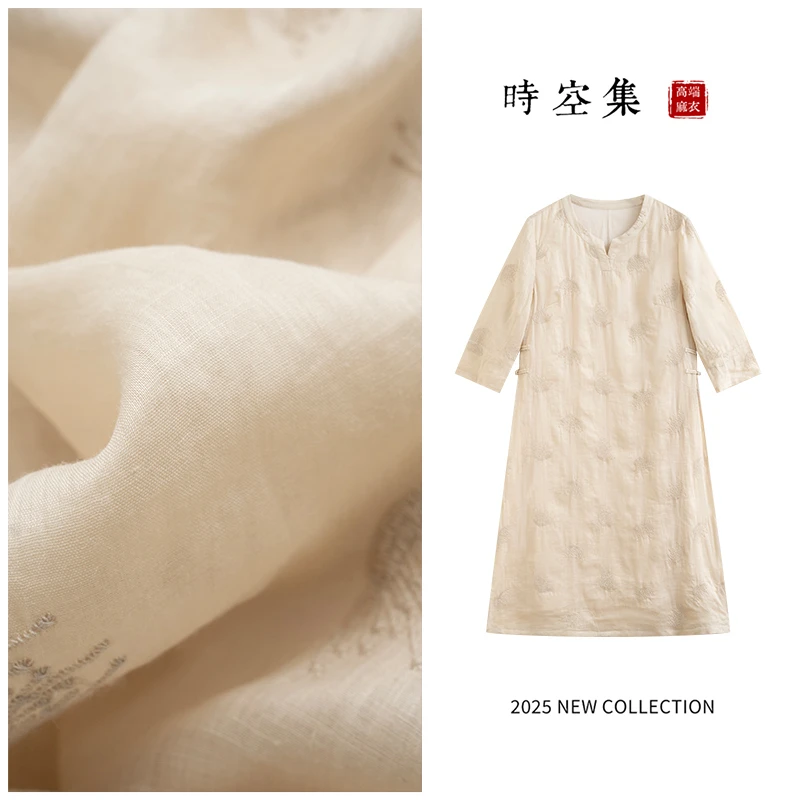 F1233亚丹峰满绣高级富人高贵连衣裙100苎麻现代加古典的结合夏季