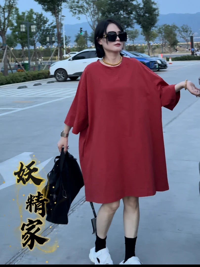 9800【妖精家】个性净版大版T恤女百搭休闲慵懒风短袖设计破洞上衣