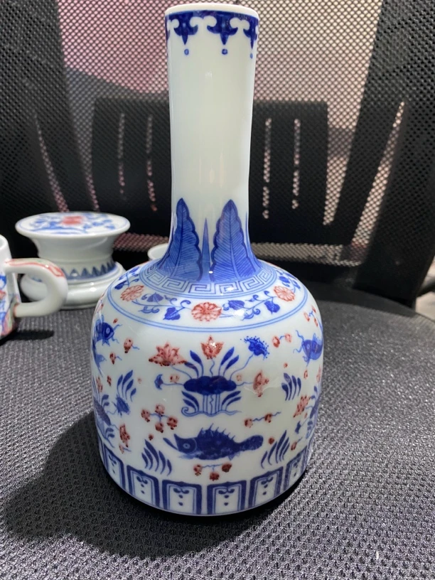 微微瑕特价景德镇纯手工青花釉里红鱼藻纹口径3.5高20花瓶花插