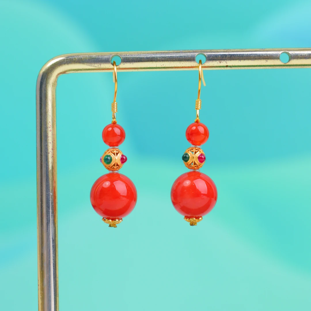 【琪琪珠宝】简约女款南红多宝圆珠耳坠