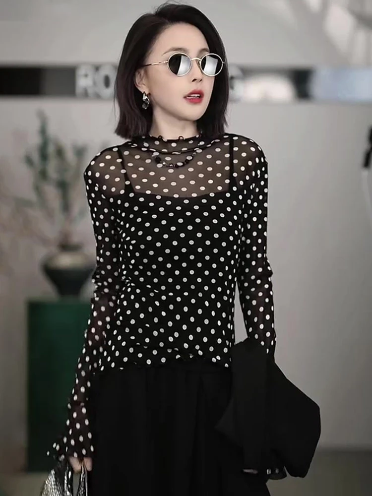 黑色波点网纱长袖t恤女2025春季新款独特超好看气质修身内搭上衣