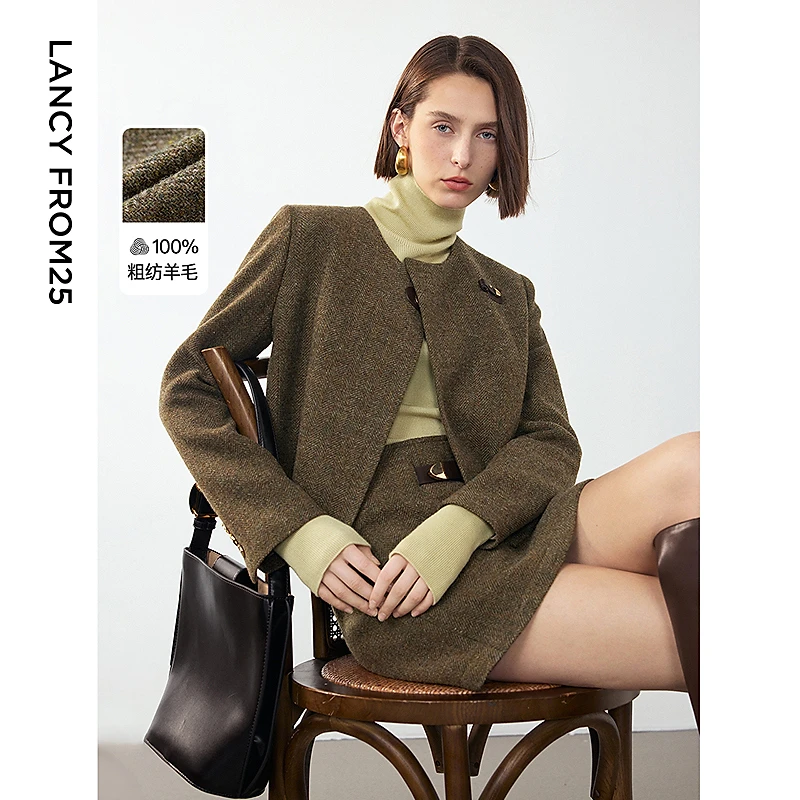 朗姿2024年新款纯羊毛复古人字纹气质设计感短外套冬季时尚上衣女