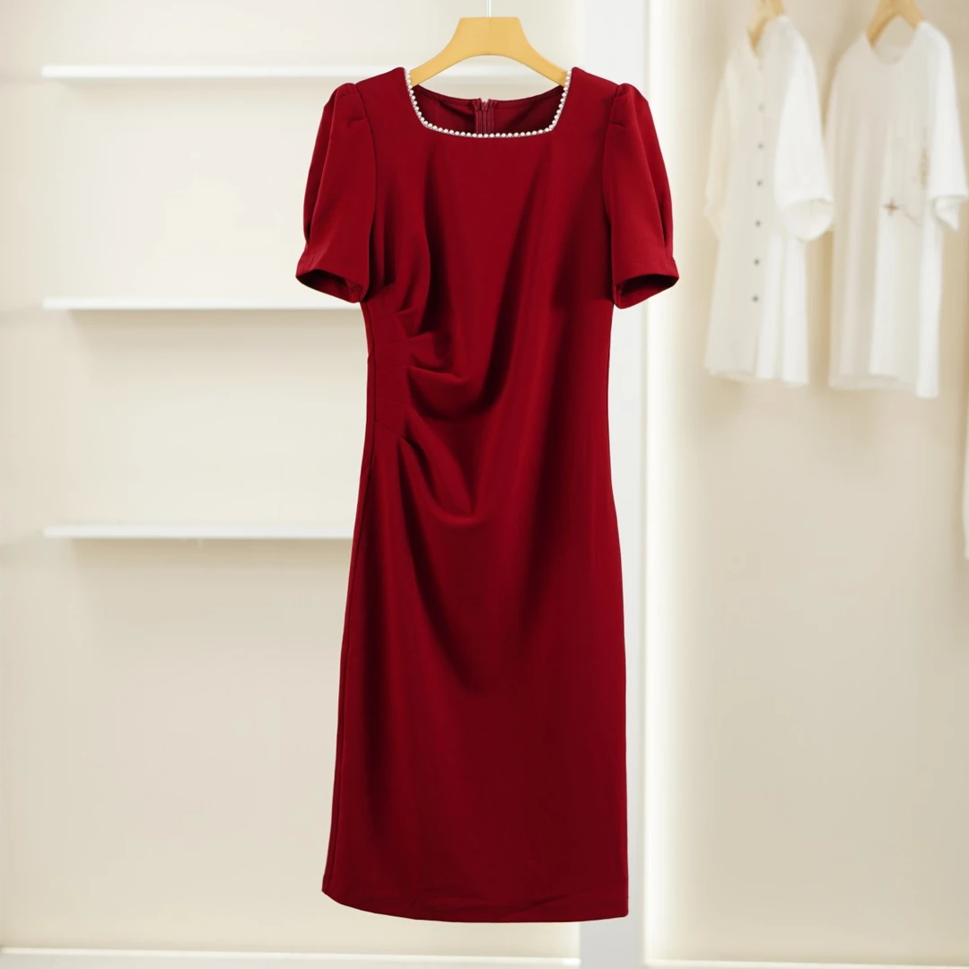 一路童行 3051386 夏季赫本风珍珠方领气质连衣裙品牌撤柜女装