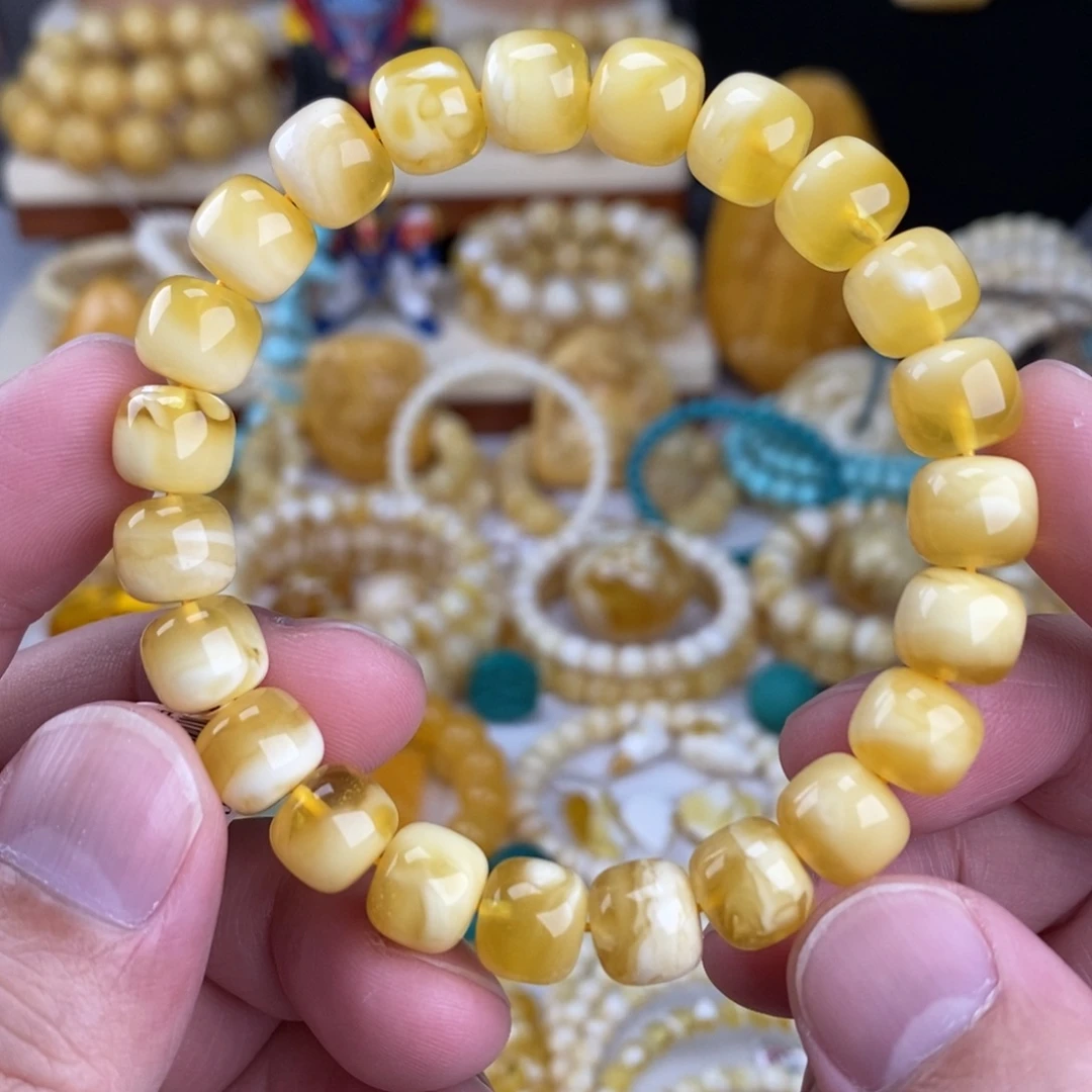 蜜蜡未镶嵌手链金瓷白聚宝盆10mm