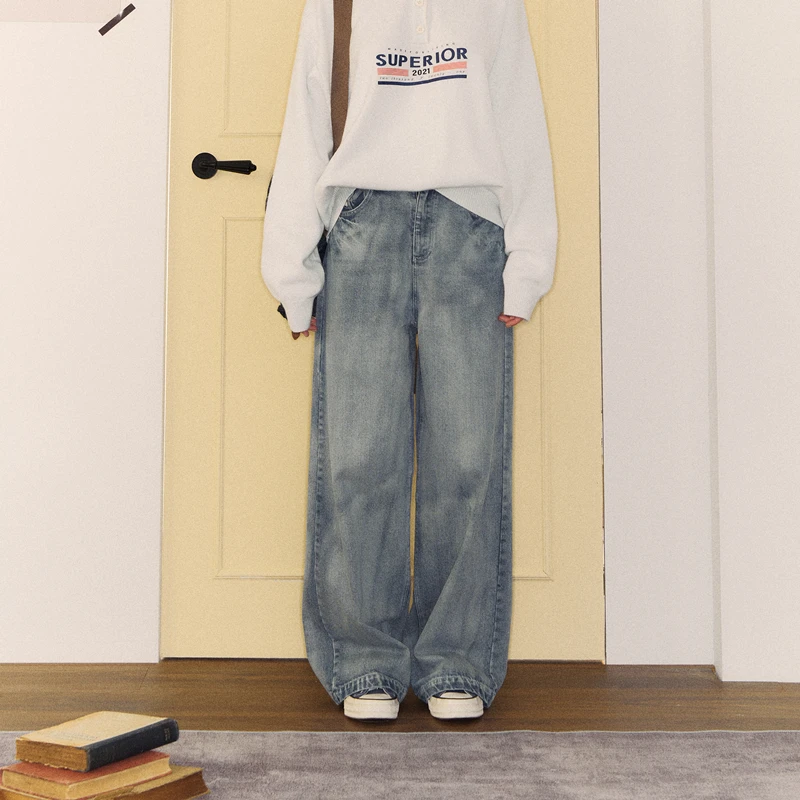 SPEAR YOUTH“懒人福音”高腰水洗阔腿牛仔裤立体裁剪百搭休闲裤女