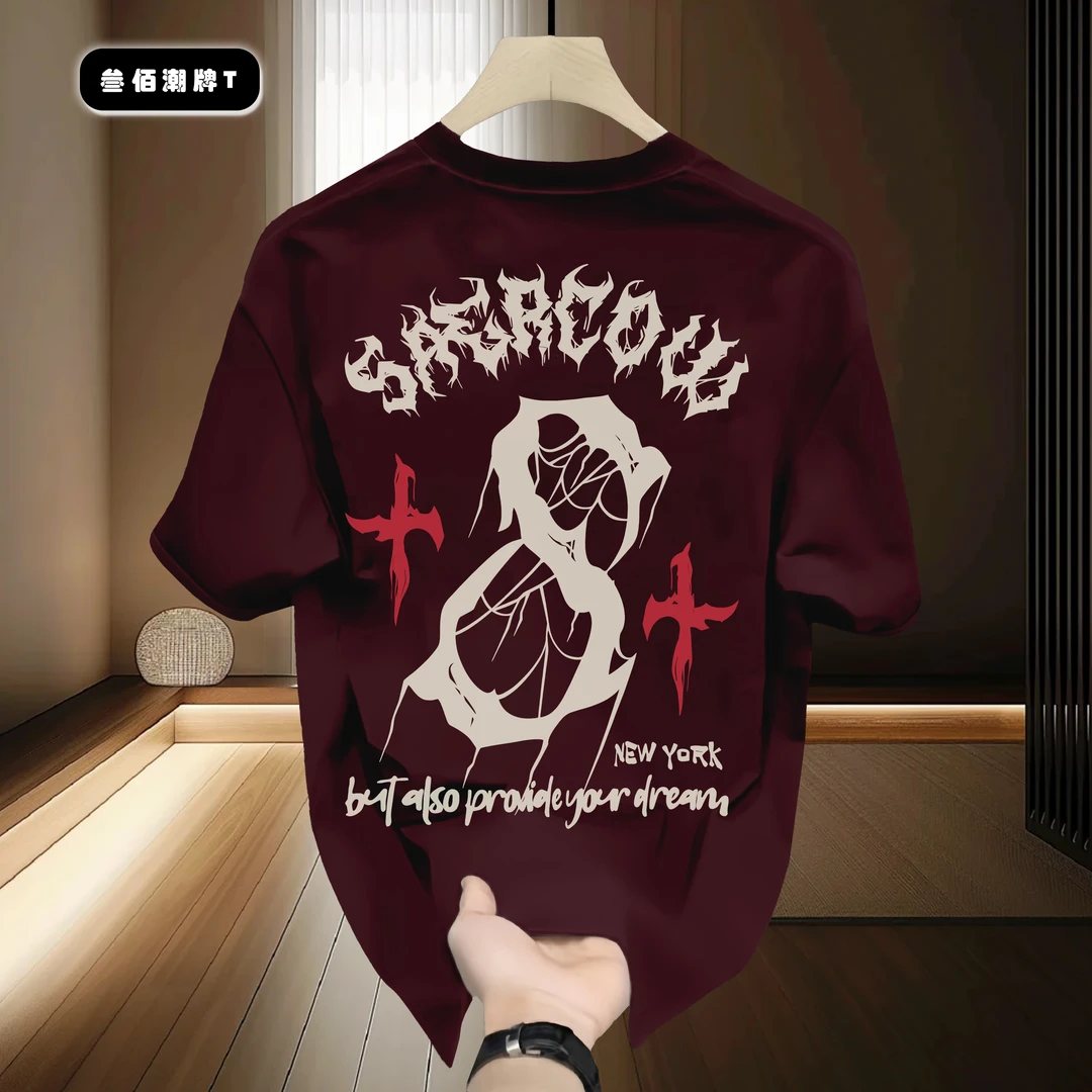 100%纯棉潮牌重磅短袖圆领T恤设计印花潮流休闲时尚ins百搭上衣