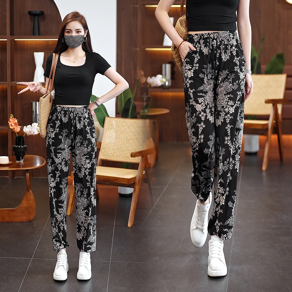 【黑咖色花】夏季大码显瘦高腰260斤时尚妈妈休闲防蚊冰丝弹力长裤