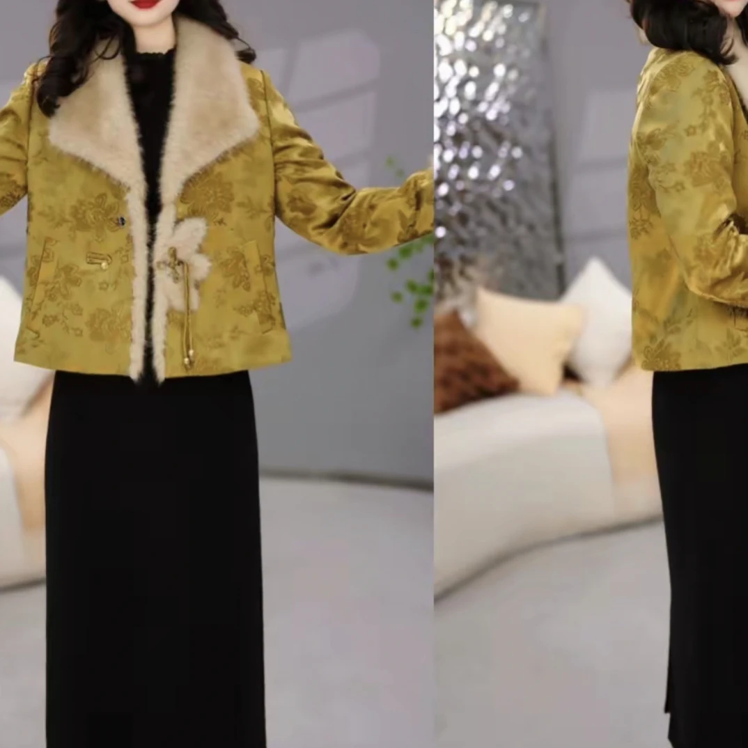 外套+连衣裙 2025冬季时尚复古中式气质加厚保暖毛领套装裙M-4XL