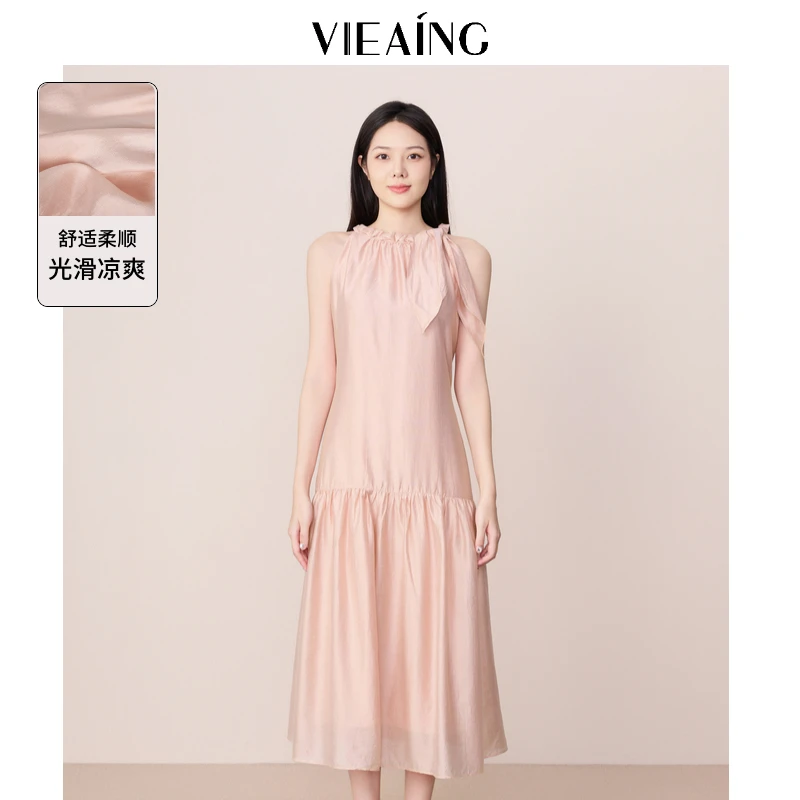 VIEA.ING薇迎粉色连衣裙女2025夏季新款甜美休闲无袖绑带裙子长裙