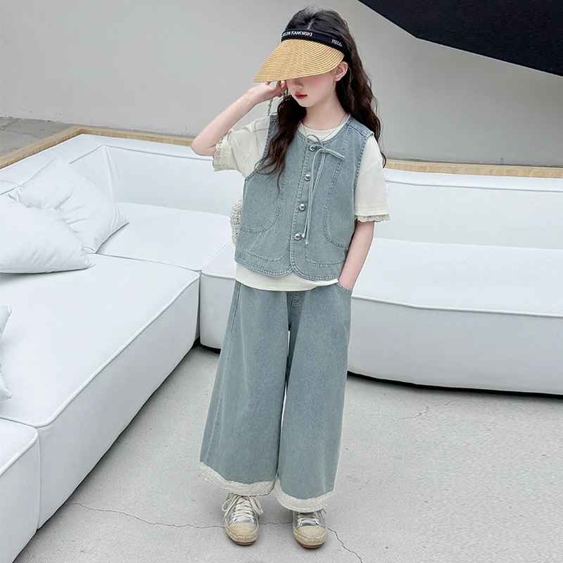 女童夏装套装2025新款洋气时髦儿童马甲牛仔三件套中大童女孩夏季