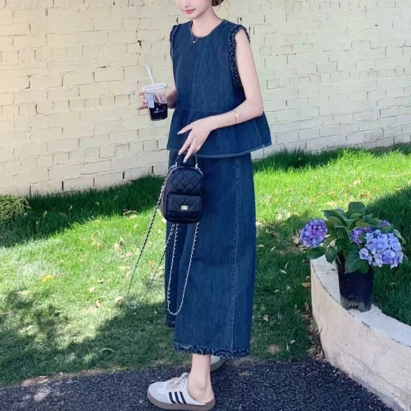 PERIKAS时尚牛仔套装夏季显瘦气质复古娃娃减龄木耳边上衣直筒裤