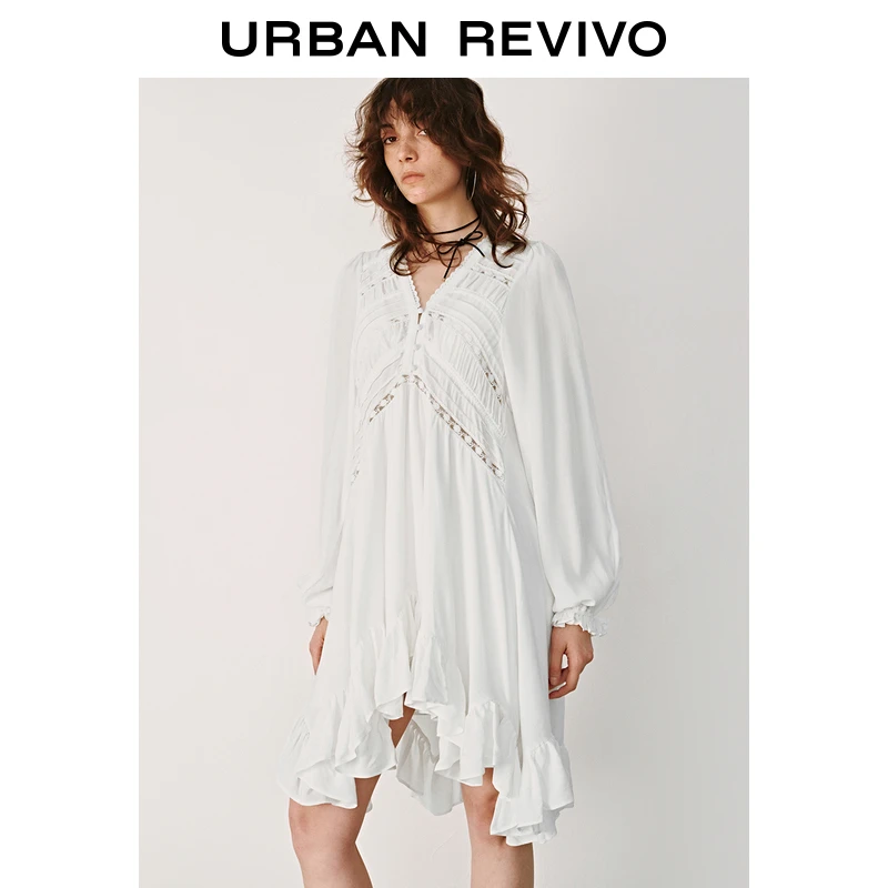 UR2025秋季新款女装度假风拼接蕾丝长袖连衣裙UYL750013