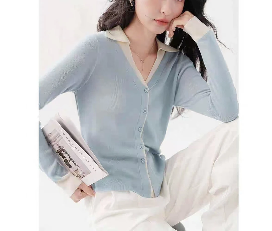 小众假两件撞色polo领针织衫女长袖2025春季新款V领显瘦上衣5526