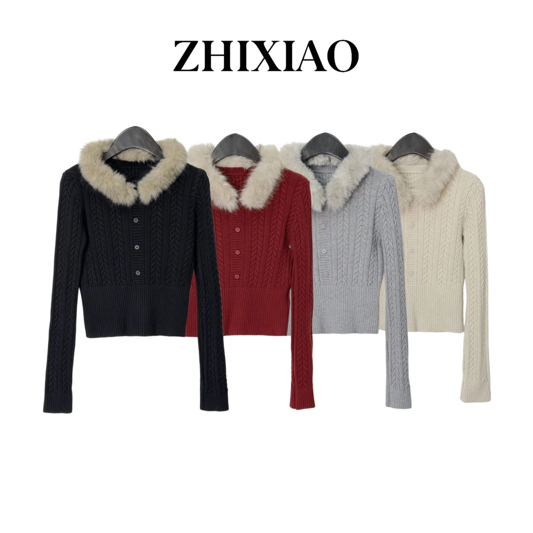 【ZHIXIAO】秋冬新款：毛领针织毛衣开衫8982