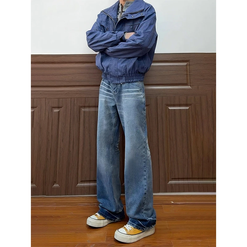 WUWM【西部狂野】猫须纹立体蓝牛水洗蜂窝牛仔裤男复古做旧微喇长裤