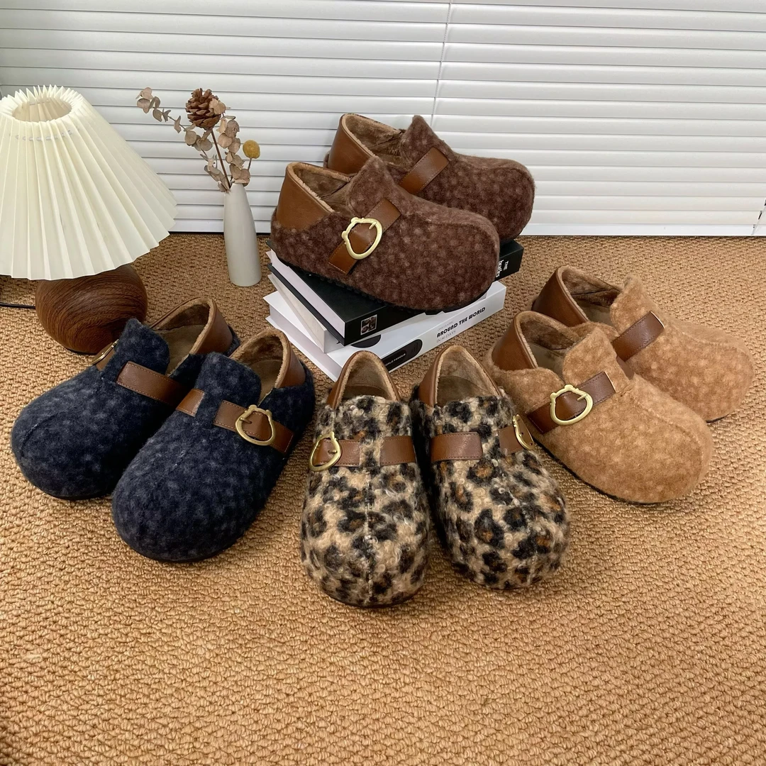 毛呢勃肯鞋女2025新款百搭豹纹毛毛鞋卡皮巴拉懒人一脚蹬两穿棉鞋