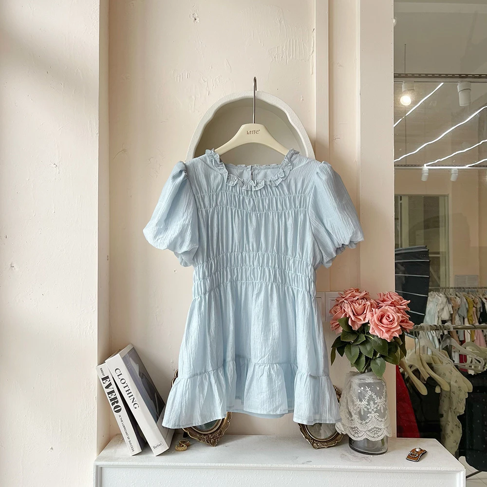 LHTE青青大码女装 夏款蓝色百搭休闲泡泡袖圆领短袖上衣C7940