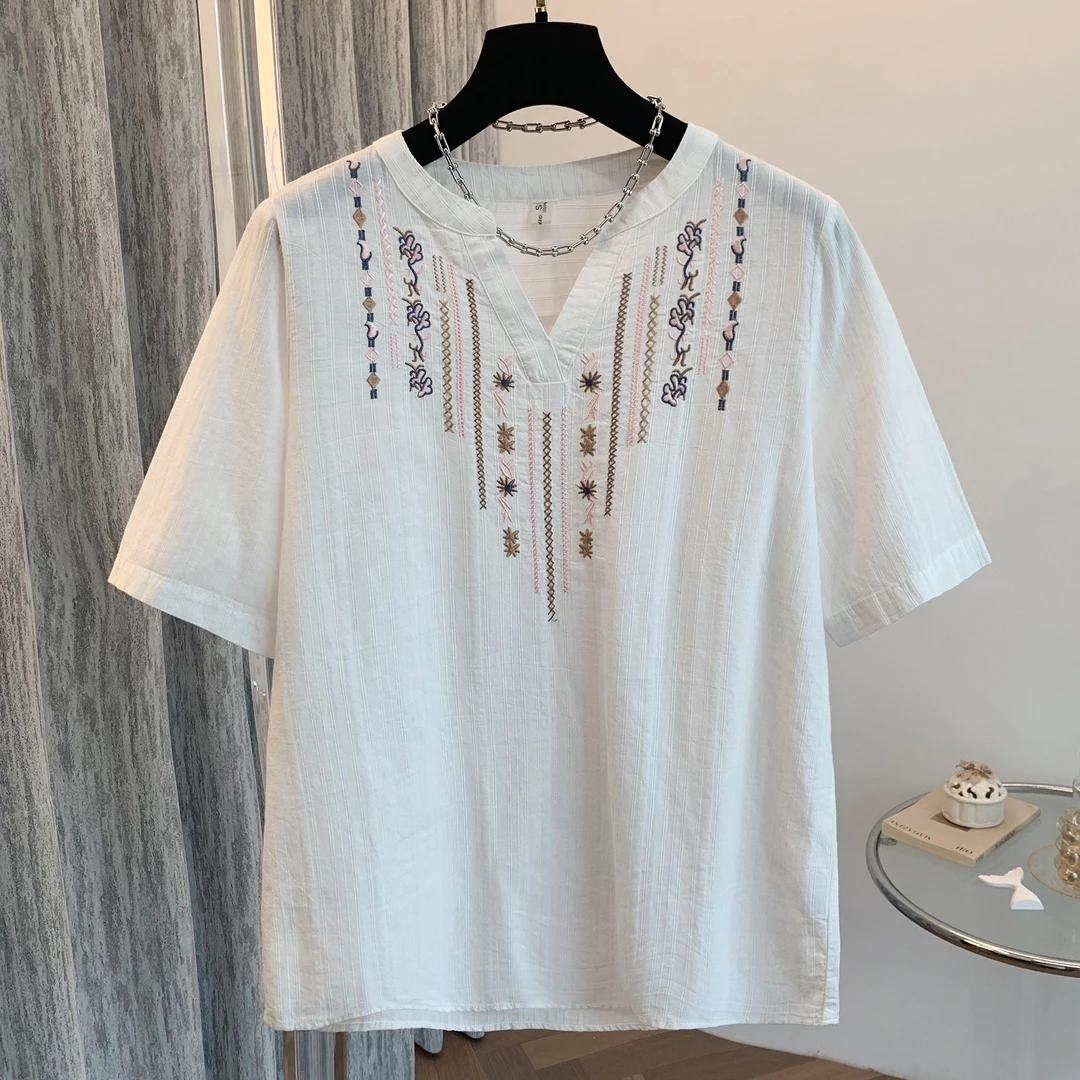 B 门店32&9！民族风衬衫！白色纯棉文艺范万针刺绣短袖衬衣 C21631