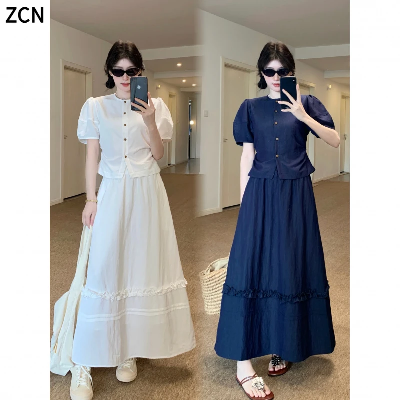 大码女装法式设计感系带收腰显瘦泡泡袖小衫+花边拼接半身裙套装