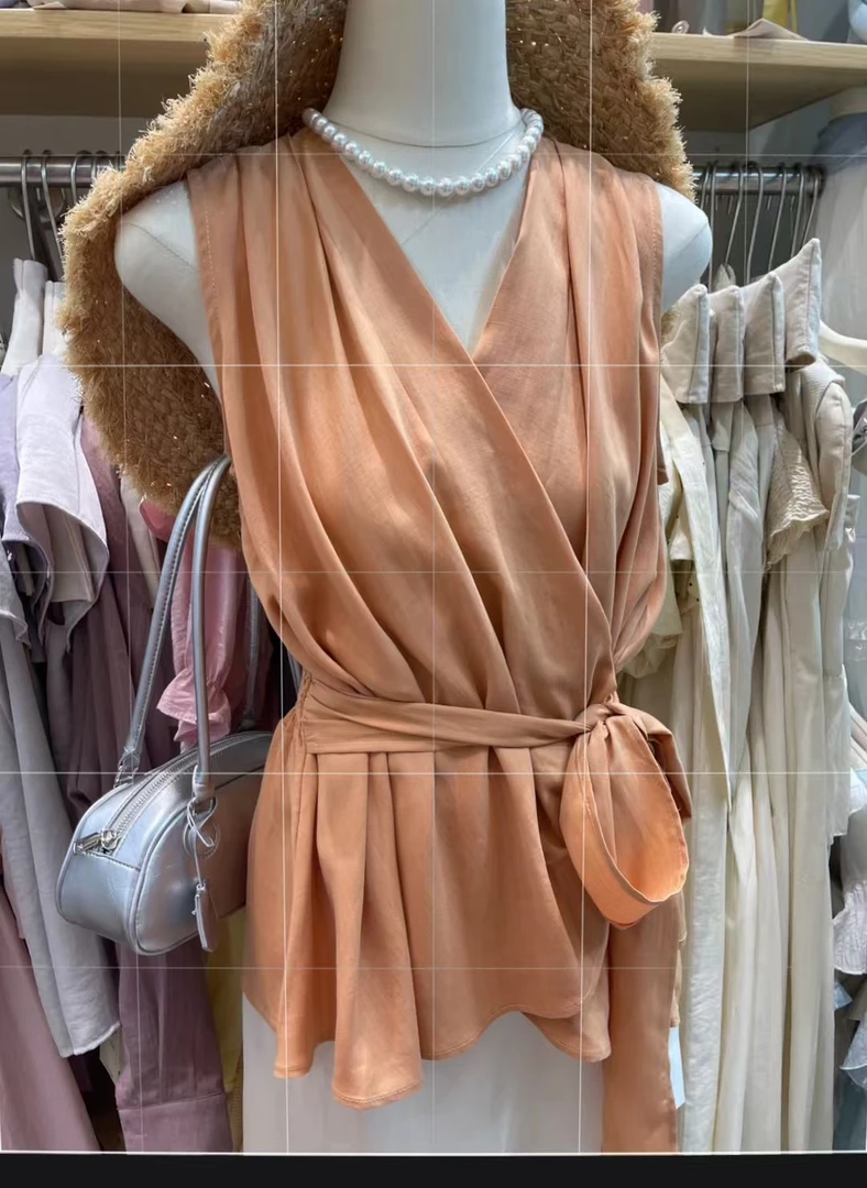 韩系v领挂脖无袖衬衫女夏季2025新款高级感简约气质收腰背心上衣