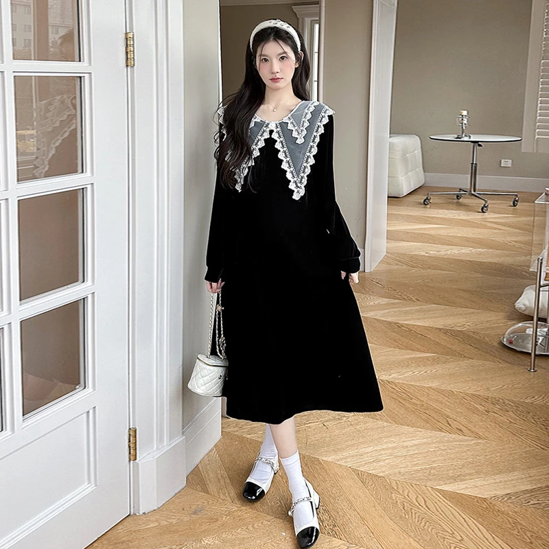 孕妇连衣裙2025春季韩版新款时尚宽松大码大翻领春秋中长款丝绒裙