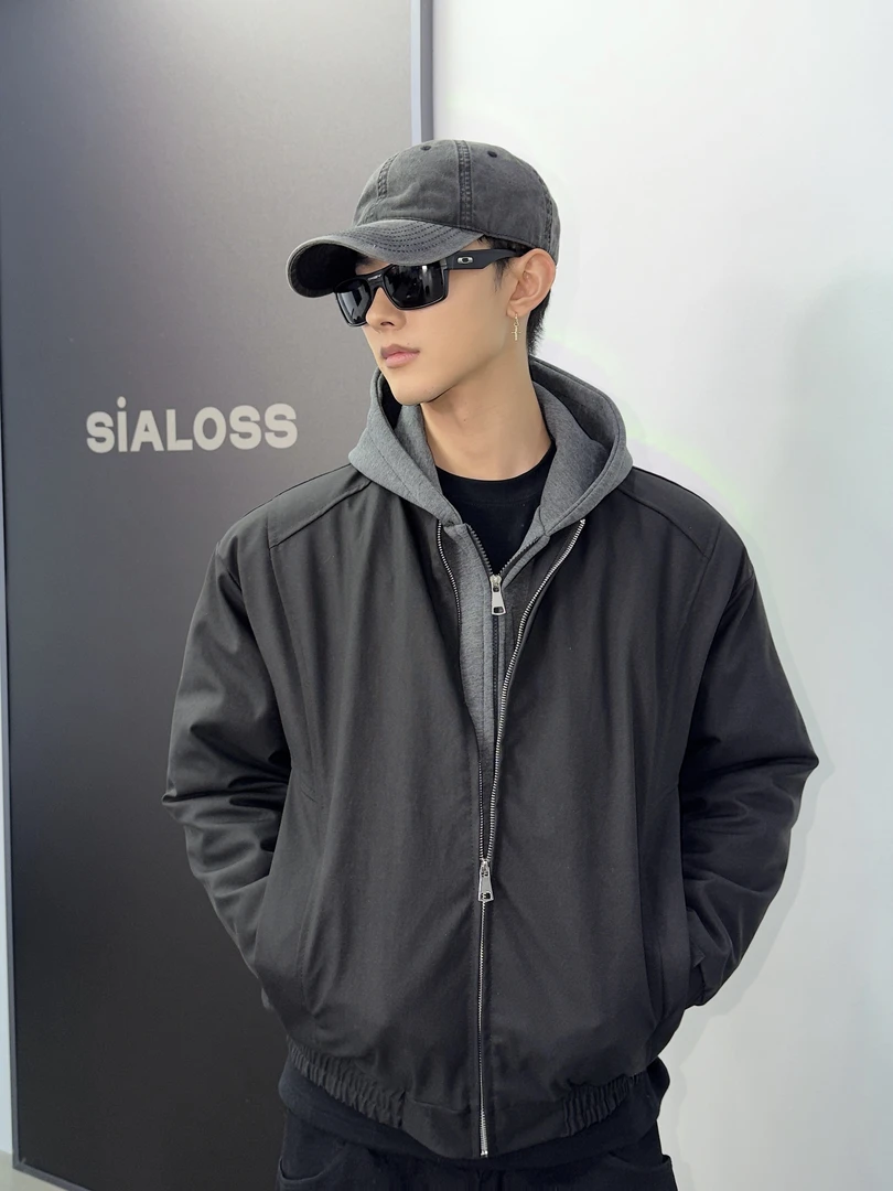 Sialoss假两件拼接加绒加厚外套男秋冬季高级感连帽美式工装夹克