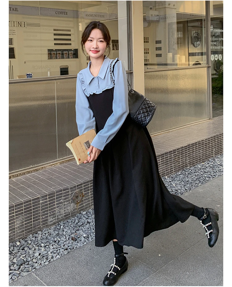 拼接连衣裙A字裙长袖娃娃领设计感显瘦减龄学院风洋气过膝长裙子