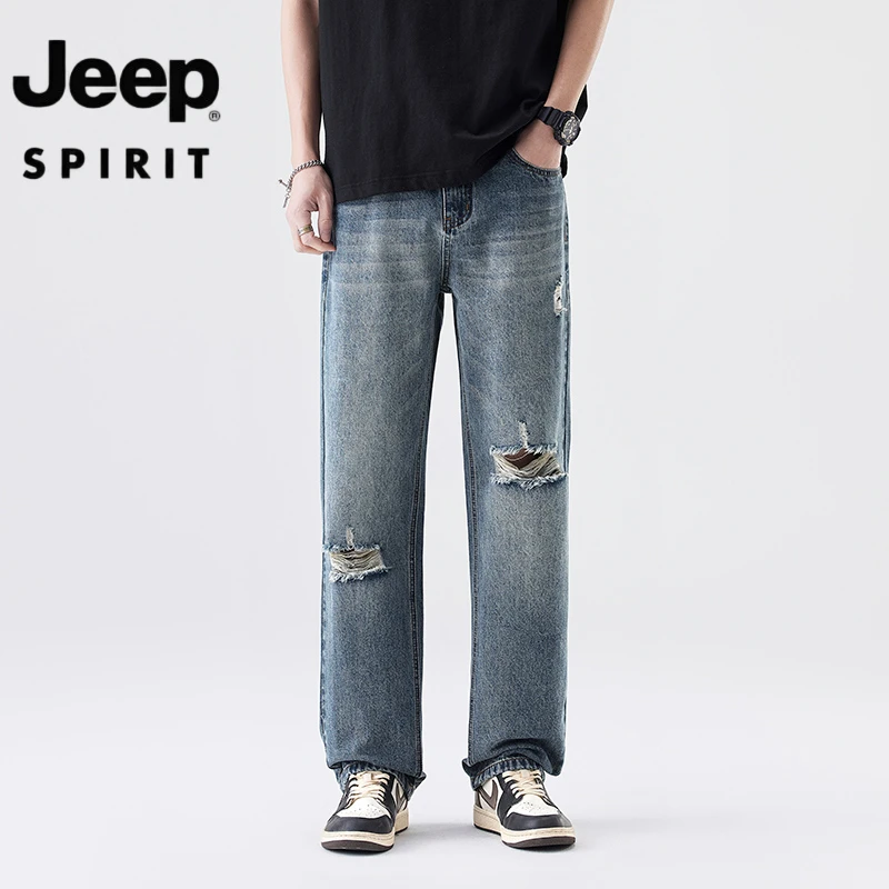 JEEP吉普男士做旧牛仔裤男高街破洞长裤宽松纽扣设计男款牛仔裤