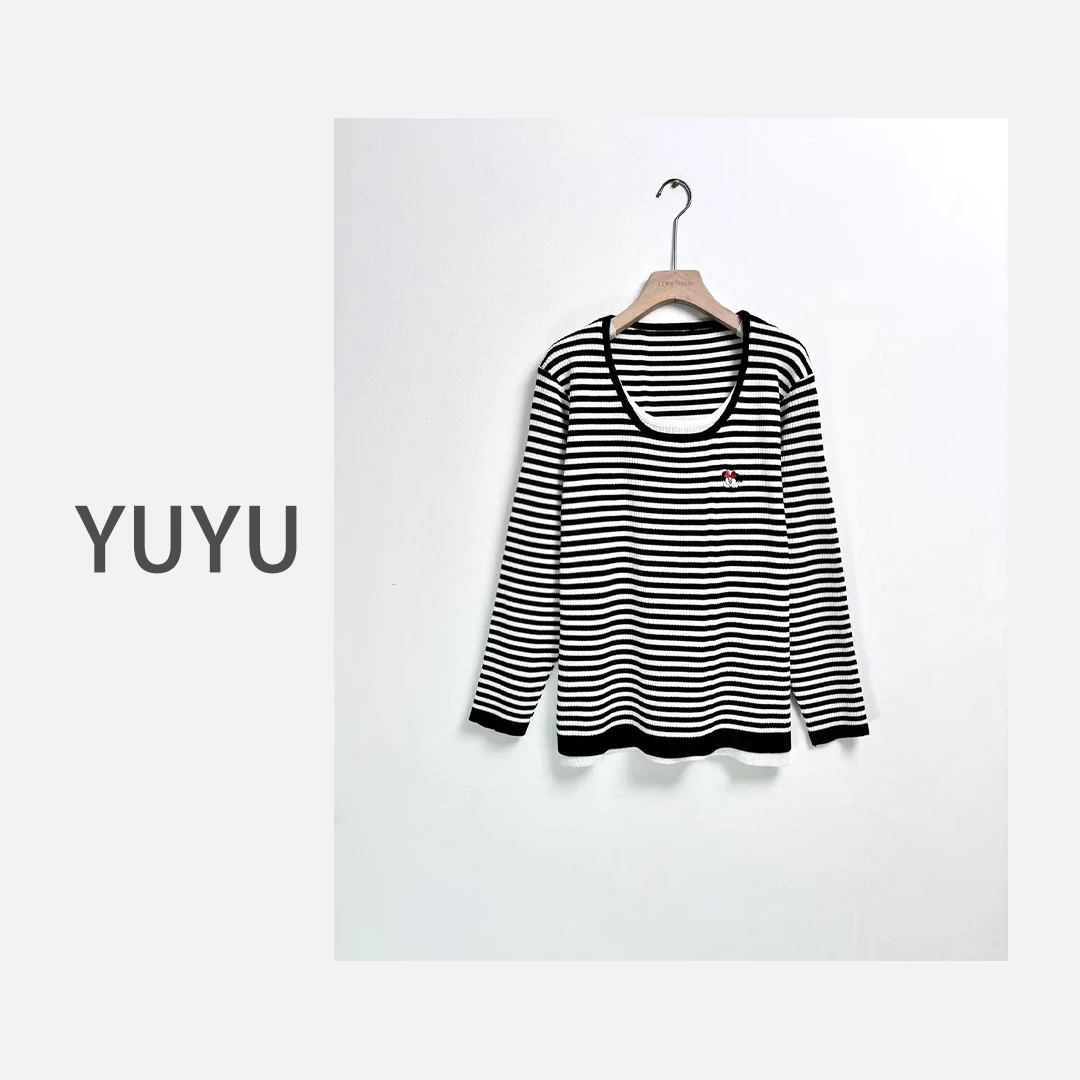 【横琴岛】简约时尚假两件条纹刺绣百搭宽松长袖针织衫.Y844