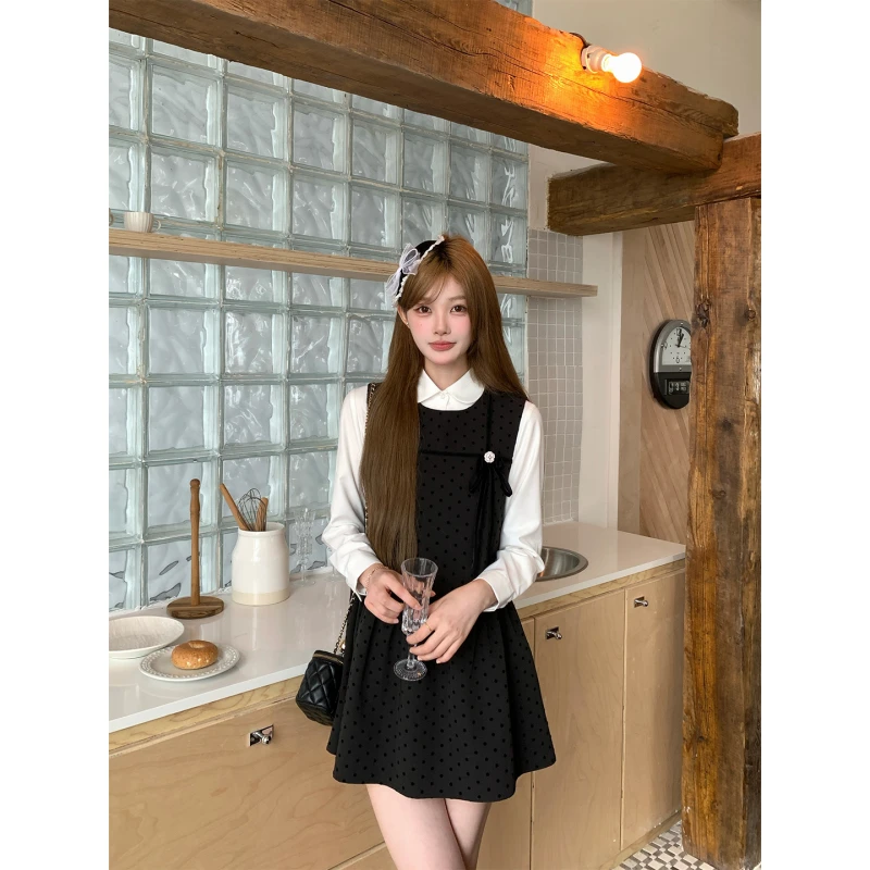 东京岁时记jk秋季新款灰色波点连衣裙白色长袖衬衫上衣学院风套装