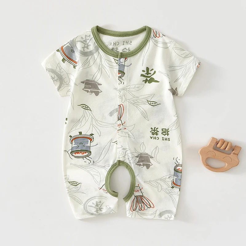婴儿开裆连体衣短袖夏季薄款男女新生儿衣服哈衣宝宝纯棉夏装爬服