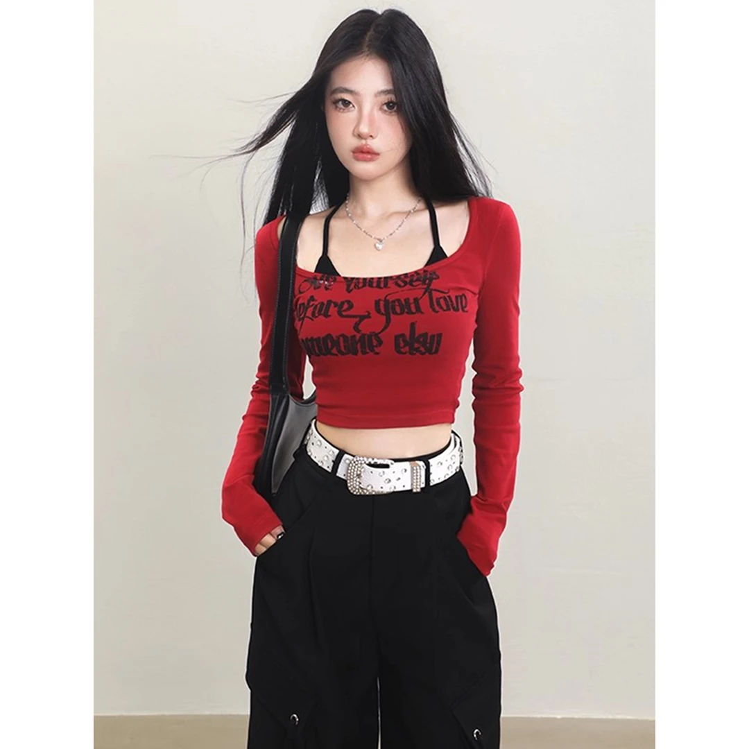 美式设计感性感修身哥特式印花短款长袖辣妹T恤甜辣上衣显瘦打底