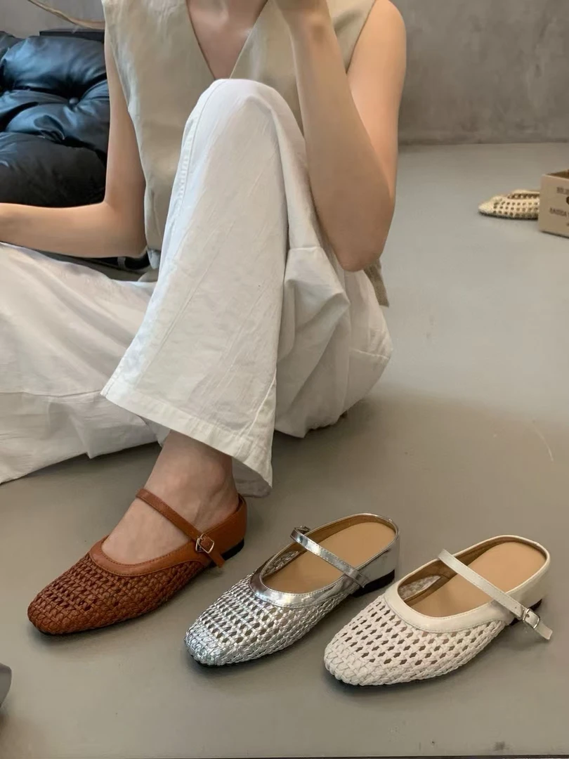 重工艺手工鞋编织镂空包头拖透气夏季拖鞋女鞋外穿厚底半拖鞋增高