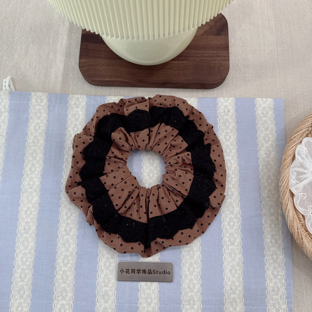 韩国发饰2025新款卡其咖啡色美拉德纯棉布艺波点圆点蕾丝大肠发圈