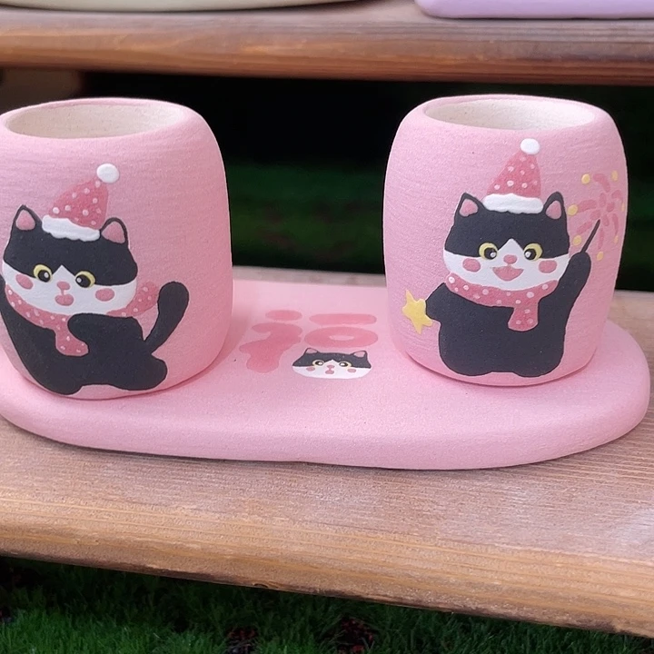 粉色花盆黑猫手绘