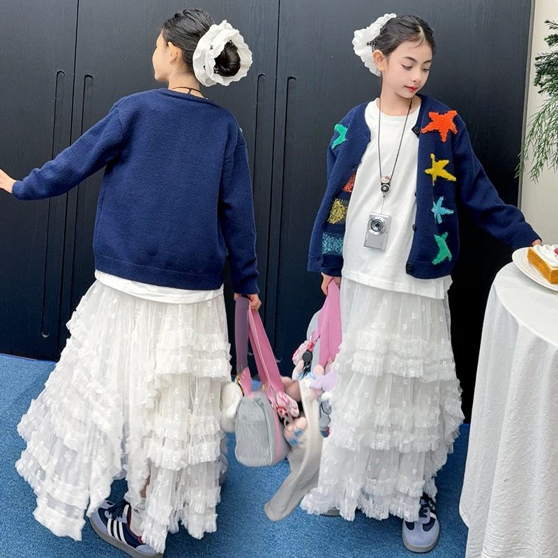 女童秋款裙子套装中大童五角星开衫毛衣＋不规则蛋糕裙女孩半身裙