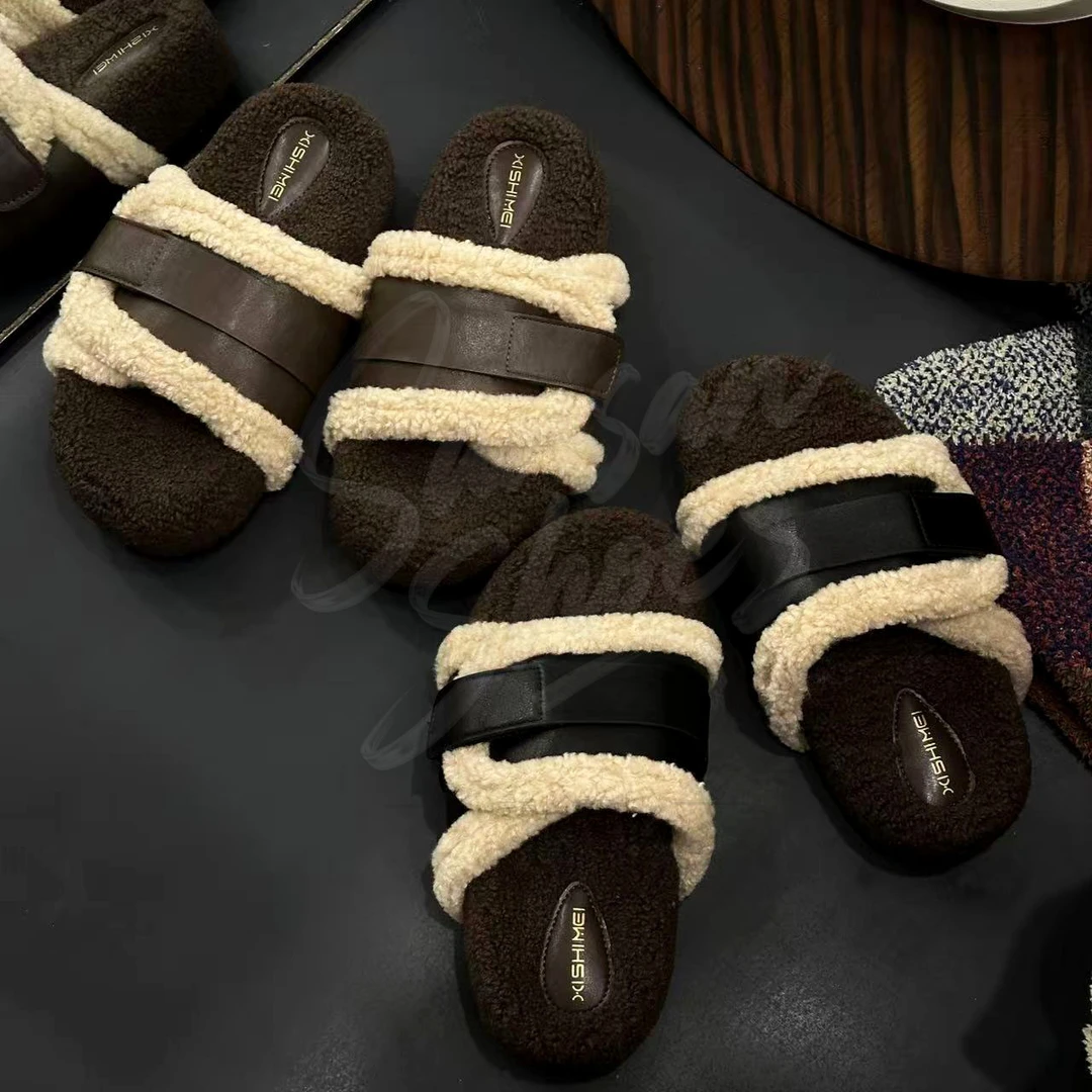 秋冬外穿氛围感厚款棉拖圆头防滑魔术贴设计感一字带毛毛拖鞋