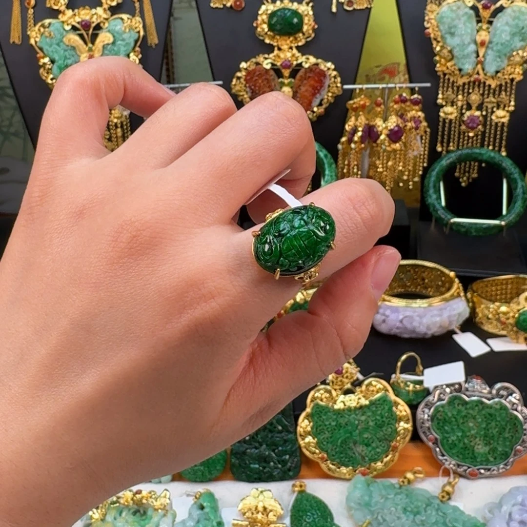 翡翠银S925镀金镶嵌颈饰戒指 炸价