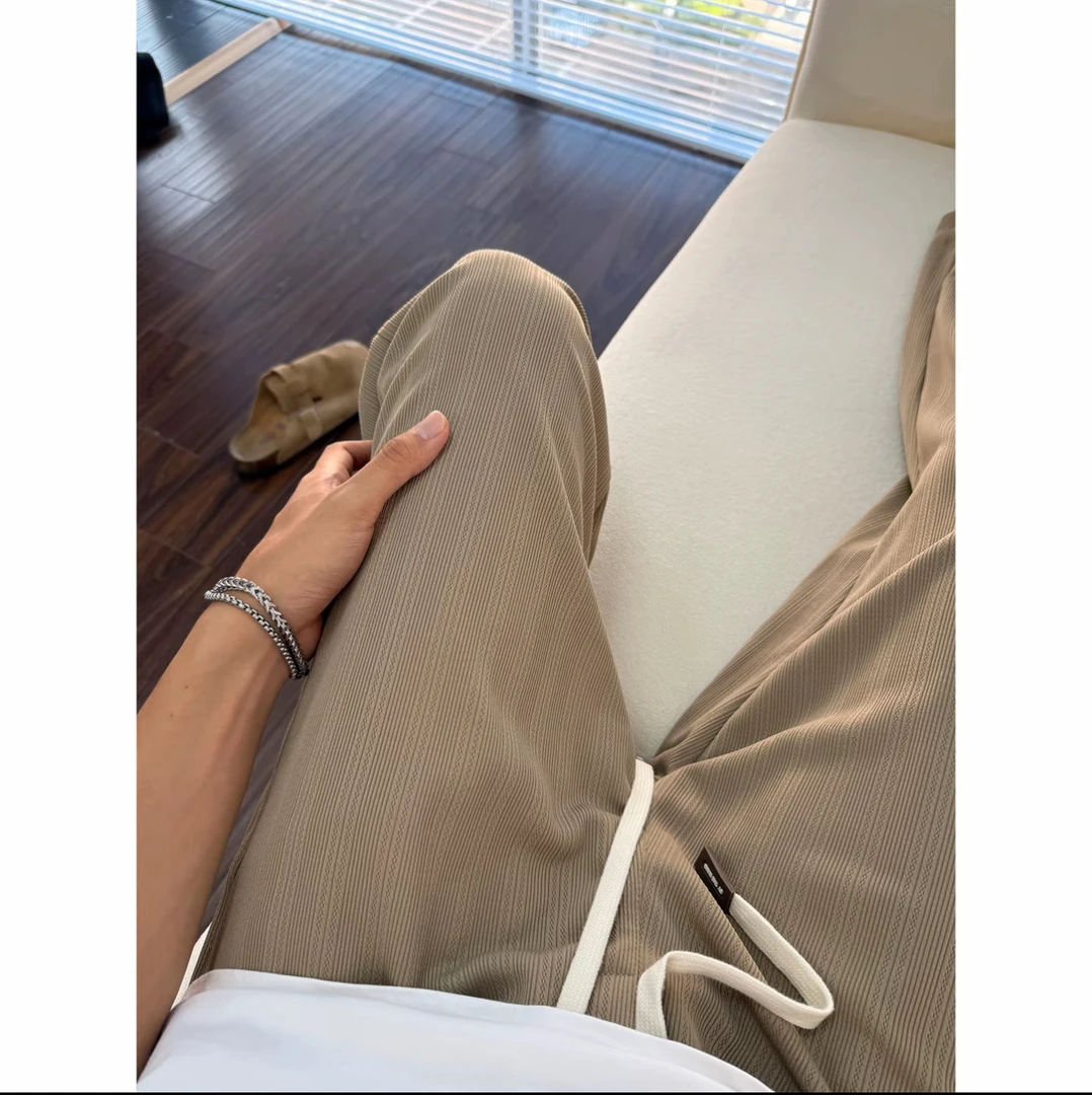 夏季薄款麦穗纹冰丝裤子男慵懒松弛感休闲裤垂感宽松显瘦直筒长裤