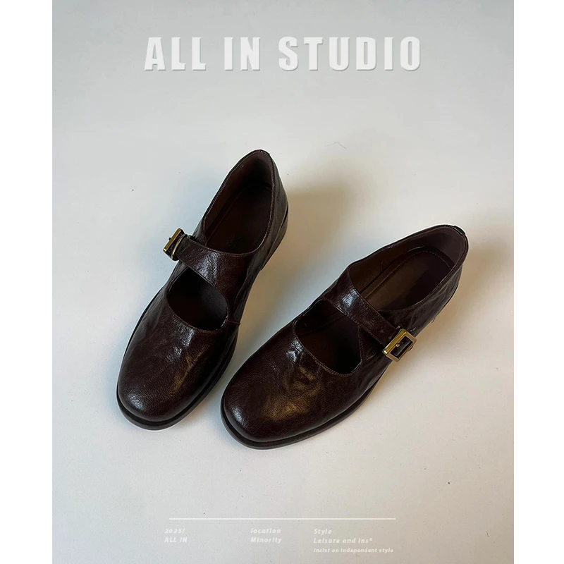 羊皮版~复古黑色通勤玛丽珍鞋女圆头粗跟软皮百搭一字扣带小皮鞋