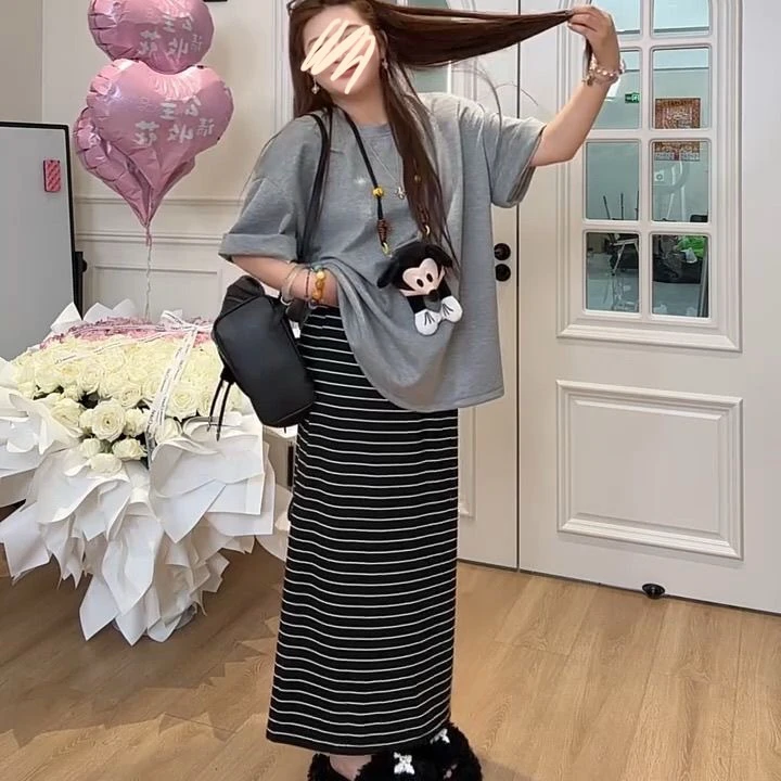 96161#97171#大码韩系慵懒风圆领短袖上衣条纹半身裙两件套